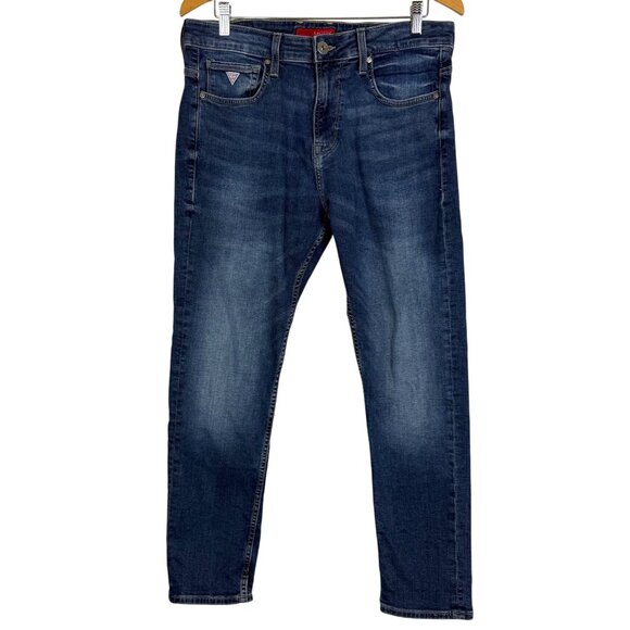 Guess Mens Athletic Tapered Denim Jeans Sz 32x32 (Actual 33 x 28) Med Dark Wash - Picture 1 of 11